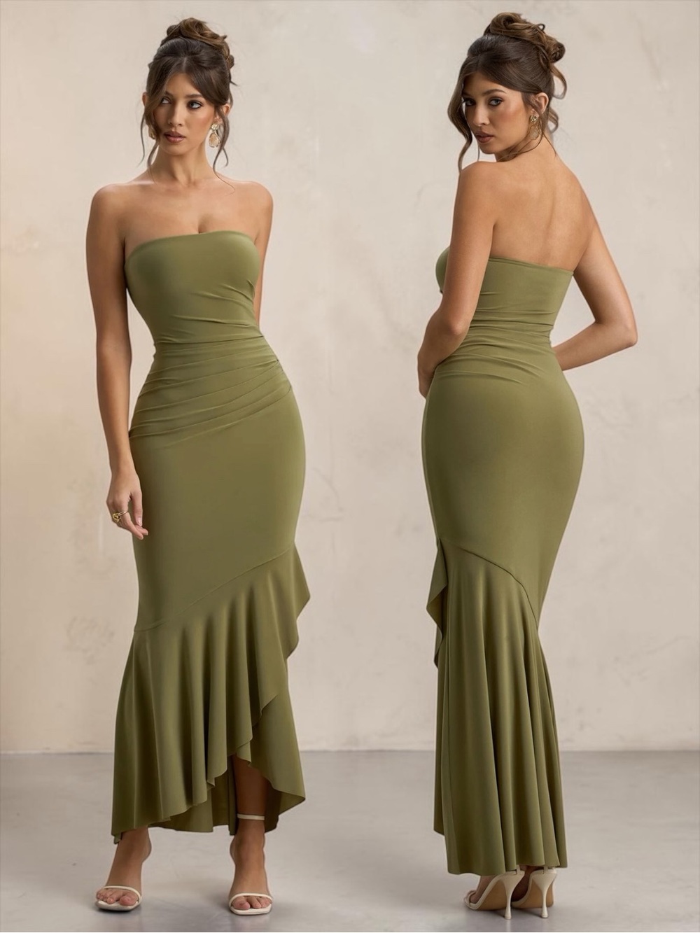 Club L London Olive Green Strapless Ruffle Hem Maxi Dress
